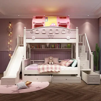 Детская мебель из цельного дерева, верхняя и нижняя кровать, двухъярусная кровать, кровать принцессы для девочек, кровать из цельного дерева, высокая и низкая кровать, горка для материнской кровати