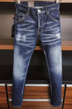 Мужская уличная мода, приталенные рваные джинсы, мужские стрейчевые джинсы-скинни, качественные мужские классические синие джинсовые брюки люксового бренда, Размер 44-54