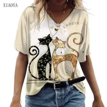 Летняя Сексуальная женская футболка с V-образным вырезом и 3D принтом Кота, модная Женская футболка с коротким рукавом, Обычная Уличная Повседневная Женская одежда, Топы 6XL