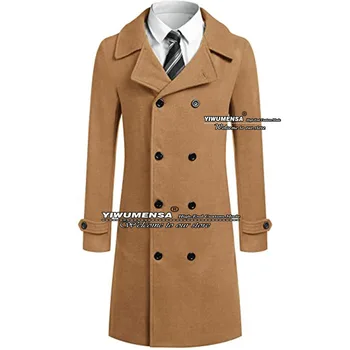 Классические зимние коричневые мужские костюмы, куртки, мужская одежда, тренч, пальто, официальное двубортное длинное пальто из шерсти и смесей, верхняя одежда