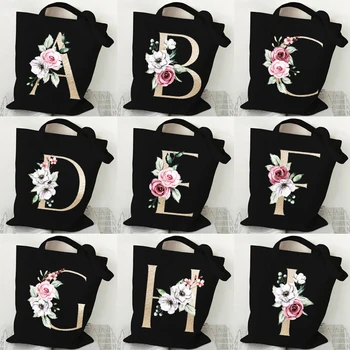 Холщовые сумки-тоут для женщин с 26 буквами от А до Я, повседневные сумки серии Ретро с цветочными буквами, многоразовая складная сумка для покупок через плечо