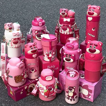 2024 Термос для девочек Стальная Милая Детская Вакуумная Красивая Бутылка для питья Студенческий Соломенный чайник Подарок Disney Розовый Мишка Лотсо