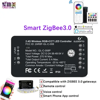 Умный Контроллер Светодиодной ленты ZigBee3.0 PRO RGB + CCT DC12-24V, Совместимый С приложением Tuya APP/Alexa Voice 2.4 RF Remote Для внутреннего Освещения