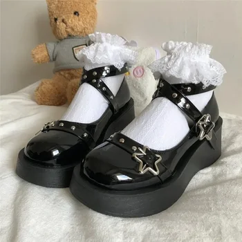 обувь в стиле лолиты, женская обувь в стиле эмо на платформе и каблуке, женская обувь с перекрестной повязкой на толстом каблуке, кавайная обувь для косплея Mary Janes, готическая обувь