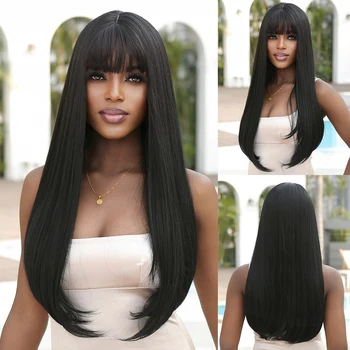 Длинные Прямые черные парики HAIRCUBE для чернокожих женщин, синтетические парики с челкой, модные ежедневно, парик из натуральных термостойких волокон