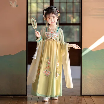 Зеленый халат для косплея Hanfu Girl, танцевальный комплект, костюм Феи, китайская традиционная одежда с вышивкой для девочек, детское платье династии Хань
