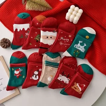5 пар милых красных носков, носки для взрослых, средний цилиндр, Осень-зима, теплые Рождественские чулки, Носки Санта-Клауса, Подарки для женщин