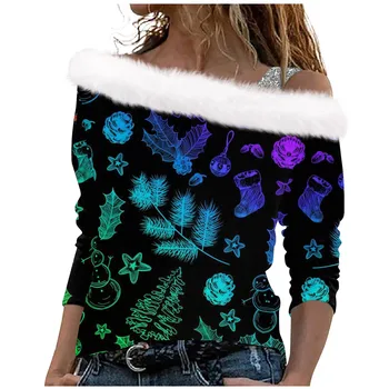 Праздничная рубашка для женщин, Рождественский пуловер с градиентным принтом, с открытыми плечами, футболка с длинным рукавом, топ, блузка, туника