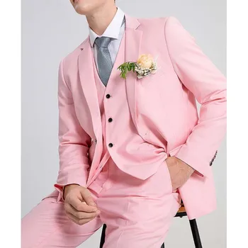 Мужской костюм-тройка в Английском стиле, Розовый Модный Формальный Свадебный смокинг Жениха, Элегантный приталенный мужской костюм (Блейзер + Жилет + брюки)