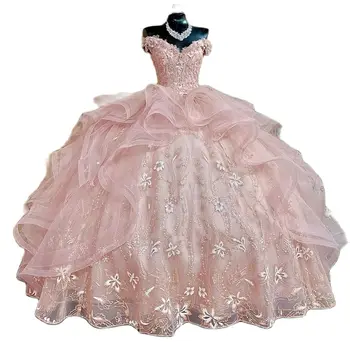 Великолепное Розовое Свадебное Тюлевое Платье с V-образным вырезом и Открытыми Плечами Большого Размера с Аппликацией из Бисера, Свадебное Вечернее Платье для Женщин