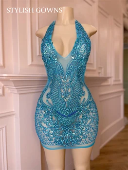 Сексуальное Голубое Короткое платье для выпускного вечера с серебряными кристаллами, расшитое бисером, для чернокожих девушек, африканских женщин, мини-коктейльные платья, платья для празднования дня рождения 2023