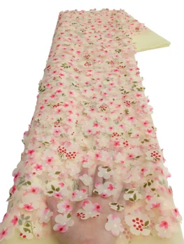 Африканская кружевная ткань 2023 Высококачественная Новая Нигерийская 3D Цветочная тюлевая полиэфирная кружевная ткань для вечернего платья 5 ярдов /лот LY3037