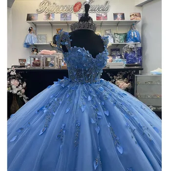 Небесно-голубые пышные платья, бальное платье, Кружевные аппликации из золотого бисера, Милое платье принцессы на шнуровке, Vestido De 15 Años