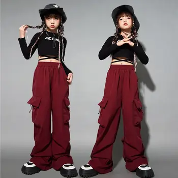 Крутой укороченный топ в стиле хип-хоп для девочек, брюки-карго с поясом, детская толстовка для уличных танцев, комплекты модной одежды, детская уличная одежда, джазовые костюмы
