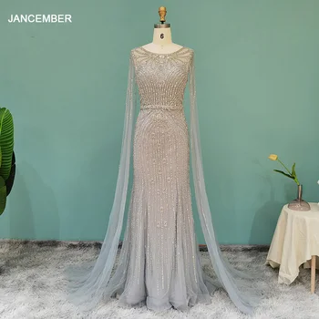 Классическое высококачественное платье LSCZ04 из серой органзы с блестками, с длинными рукавами и круглым вырезом, украшенное рюшами, расшитое бисером, вечернее платье Queen