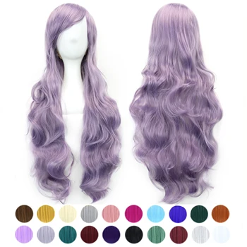 Soowee 30 Цветов Длинные Фиолетовые Волнистые Синтетические Волосы Косплей Парик с Челкой Красочные Костюмы на Хэллоуин Парики для Девочек