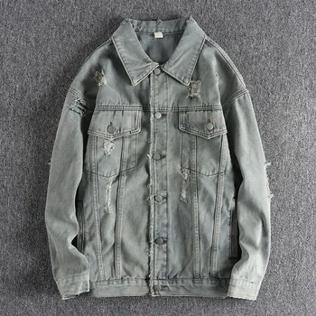 Потертая джинсовая куртка, мужская весенне-осенняя мода, неровный необработанный край, молодежное свободное пальто, верхняя одежда 1355