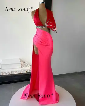 Сексуальные красно-розовые длинные вечерние платья с глубоким V-образным вырезом и блестящими серебряными кристаллами, вырезанные из простых атласных платьев для танцевальных вечеринок