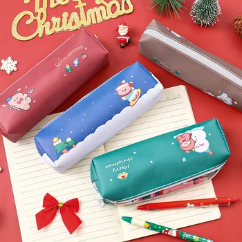 Сумки для карандашей из искусственной кожи с рождественским рисунком, милый пенал, школьные канцелярские принадлежности, сумка для хранения школьных принадлежностей