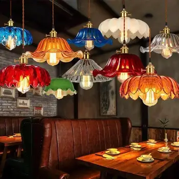 Подвесные светильники в стиле лофт, ретро-Ностальгический светильник в виде цветка из цветного стекла, Креативная гостиная, спальня, Столовая, Потолочные светильники