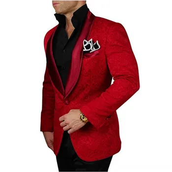 Красные с черными брюками Мужские костюмы Terno Masculino, мужской костюм-двойка, костюм жениха для свадьбы, выпускного вечера, пальто с принтом, смокинги