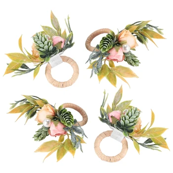 Двойные кольца для салфеток в виде роз, набор из 4 колец для салфеток в виде розовых цветов С ягодами и зелеными листьями, держатели для колец для салфеток ручной работы
