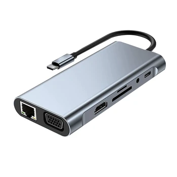 Док-станция-концентратор 11 В 1 USB C С поддержкой 4K HDMI, USB3.0, RJ45 Ethernet, устройство чтения карт SD/TF для Pro