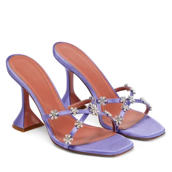 Треугольный перекрещивающийся каблук с пряжкой в виде цветка сливы, тапочки с квадратной головкой, Открытый носок, Элегантные римские женские туфли, тапочки на высоком каблуке