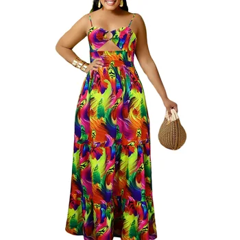 Длинное африканское платье для женщин на тонких бретельках, полые халаты в стиле ампир, летняя Новинка, модный принт 