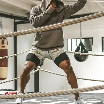 Двухслойные мужские спортивные шорты, короткие штаны из полиэстера, дышащие шорты для фитнеса