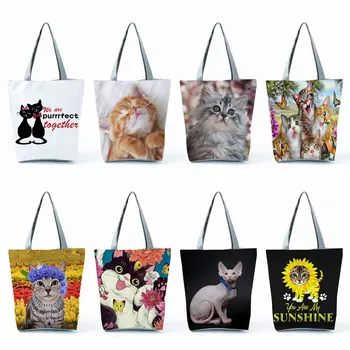 Сумка-тоут Складная, изготовленная на заказ, хозяйственная сумка Portale, многоразовые женские сумки через плечо с милым животным, повседневные, с цветочным принтом кошки, большой емкости