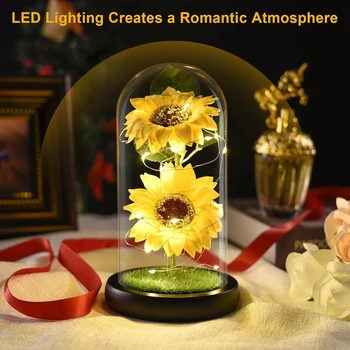 Forever Sunflower Для женщин, искусственные подсолнухи в стеклянном куполе со светодиодной лентой, подарок на День рождения, День матери, День Святого Валентина