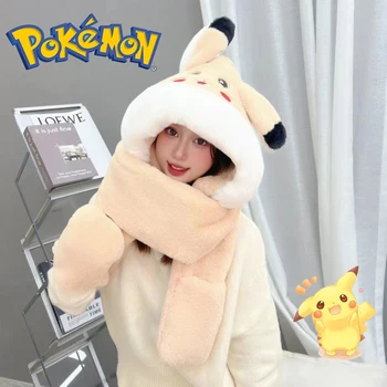 Плюшевый шарф для взрослых и детей Pokemon Pikachu, шапка, перчатки 3 В 1, комплект для мальчиков и девочек из аниме Kawaii, защита от зимнего холода, уличная плюшевая шапка