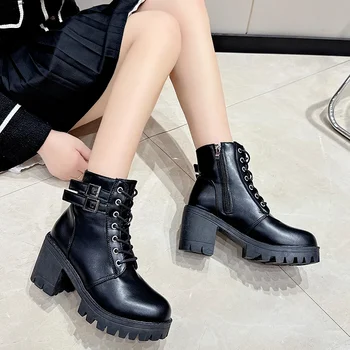 Женская обувь с пряжкой 2023, Зимние женские ботинки, Новые офисные женские туфли на платформе с круглым носком и высоком каблуке на толстом каблуке