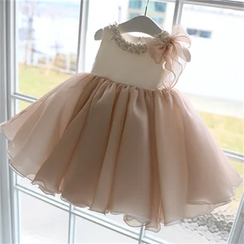 Платье принцессы для маленьких девочек с жемчужной сеткой, пачка для маленьких девочек Vestido, винтажное праздничное платье на День рождения с бантом