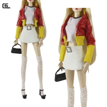 1 комплект Кукольной одежды Модный Цветовой Контраст Кожаная куртка Короткая куртка Костюм с короткой юбкой