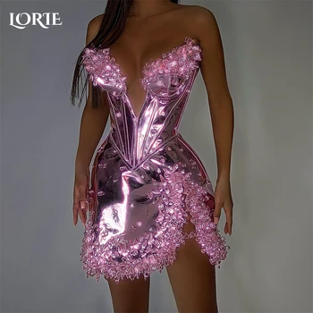 LORIE Светло-розовые блестящие коктейльные платья с открытыми плечами, мини-вечерние платья с блестящим бисером, клубное платье для выпускного вечера с открытой спиной