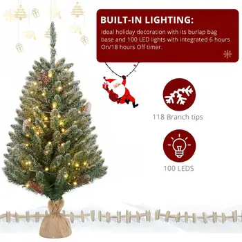 Рождественская елка высотой 3 фута, 100 огней, теплый цвет, 8 режимов, Льняная основа, материал ПВХ, зеленый флокированный Аккумуляторный выключатель