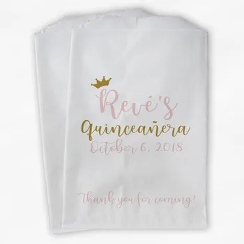 25ШТ Персонализированных Пакетов для Конфет Quinceanera Birthday Buffet с Короной - Розово-Золотые Пакеты 