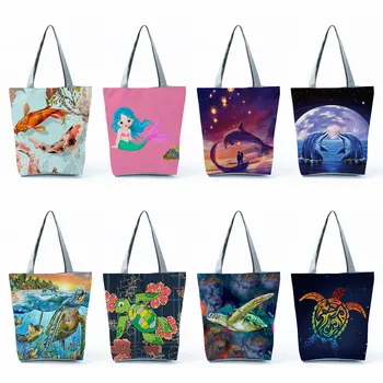 Пляжная сумка через плечо большой емкости, повседневные сумки серии Ocean, женские сумки для покупок, складные сумки с принтом китовой черепахи