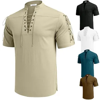 Летняя Новая мужская рубашка с V-образным вырезом, Мужская футболка с короткими рукавами из хлопка и льна, Светодиодная Повседневная мужская футболка, Мужские дышащие топы