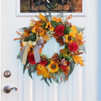 Осенние венки для входной двери, осенний венок из подсолнухов, тыквы и банты из мешковины для дома Внутри и снаружи