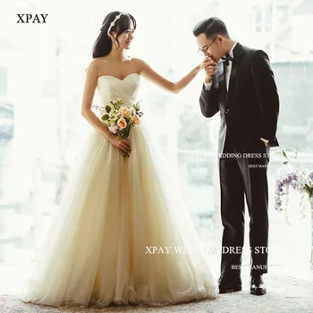 XPAY Милая Простые Свадебные платья в корейском стиле Мягкие складки тюля Свадебные платья для фотосессии Длина до пола Платье невесты трапециевидной формы с открытой спиной