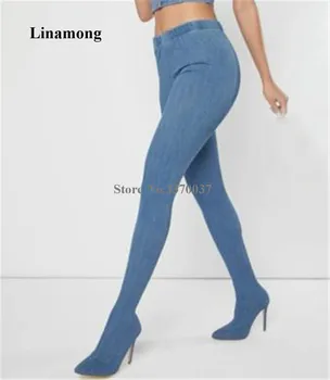 Linamong, Синие джинсовые брючные ботинки на тонком каблуке, сексуальный заостренный носок, Эластичные джинсовые сапоги на высоком каблуке-шпильке, Эластичные Длинные Джинсовые сапоги, вечернее платье, сапоги