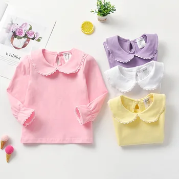 Дети 2-6 лет, весенние хлопковые топы с длинными рукавами и отложным воротником, осенняя милая розовая футболка для девочек