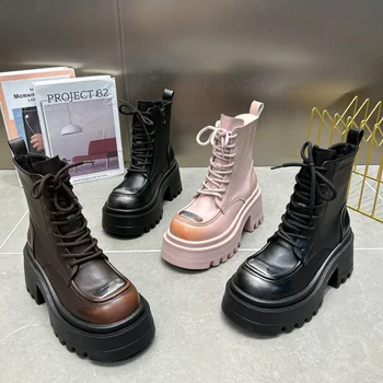 Новинка 2023 года, ботильоны из натуральной кожи с высоким берцем и круглым носком на платформе, женская обувь в британском стиле